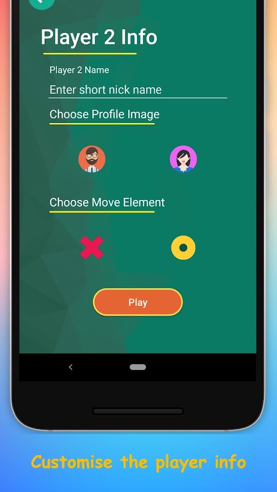 Tic Tac Toe two player setup with player name, avatar and X or O choice